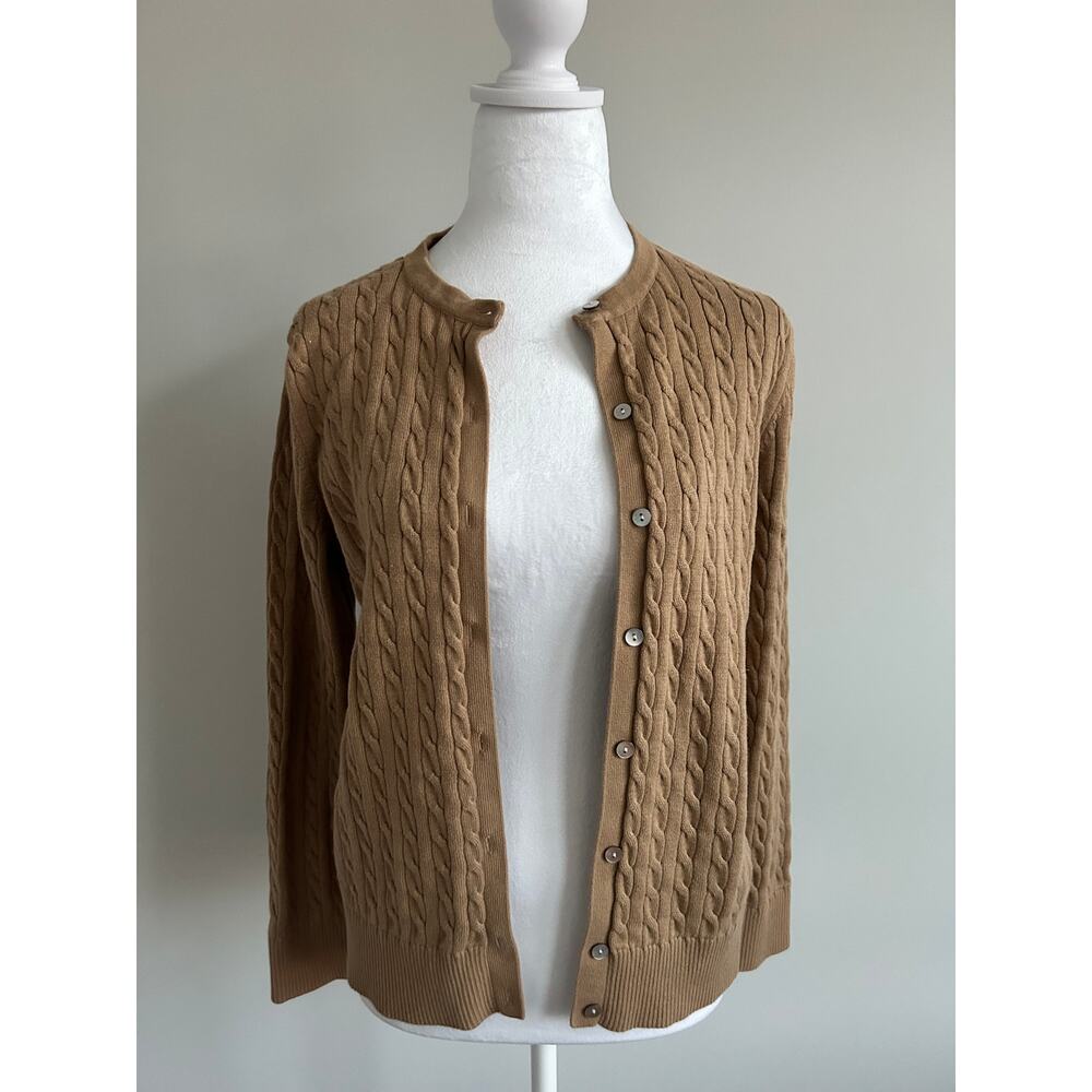 Lands End Women's Petite Large Crew Neck Cable Knit Cardigan (Tan)